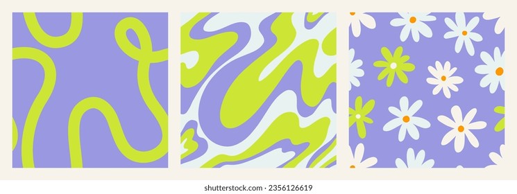 1970 Daisy seamless pattern pack with Naive groovy wave and squiggle. Retrowave with 90s style for kids. Fun colorful Doodle Bright backgrounds. Minimalist nursery print in neon green and lavender.