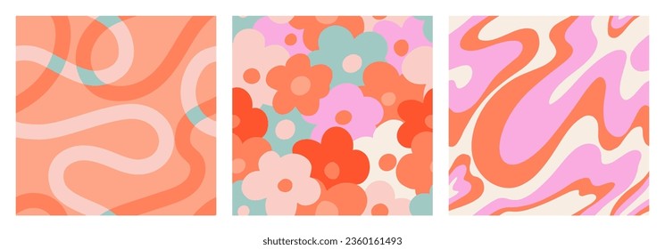 1970 Daisy seamless pattern pack with Naive groovy wave and squiggle. Retrowave with 90s style for kids. Minimalist nursery print of psychedelic Orange curvy shapes of natural tones.