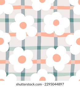 1970 Daisy seamless pattern with trippy grid. Naive groovy Background. Doodle boho pattern of natural tones. Contemporary trendy backgrounds for kids. Scandinavian nursery print