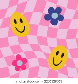 1970 Daisy, Smile Seamless Pattern on Groovy Pink Trippy Grid Background. Seventies Style, Psychedelic Print, Wallpaper. Flat Design, Hippie Aesthetic. Hand-Drawn Vector Illustration.
