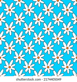 Patrón de flores de 1970. Las margaritas blancas con un fondo azul. Daisy de 1970. Vibra de 1970
