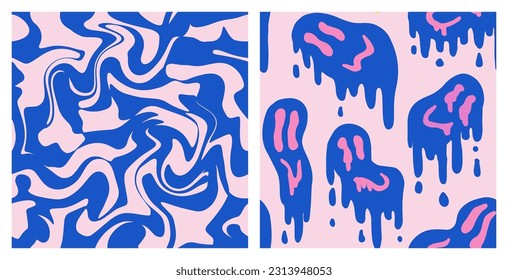 1970 Fluid Smile and Wavy Swirl Pattern Pack in Blue and Pink Color. Seventies Style, Trippy Psychedelic Print, Wallpaper. Flat Design, Hippie Aesthetic. Hand-Drawn Vector Illustration.