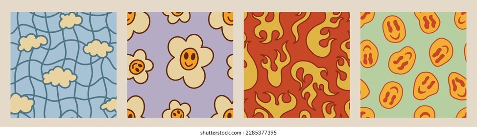 1970 Funky Pattern Pack. Groovy Daisy, Flame, Smile, Clouds in Retro Vintage Palette. Hippie Aesthetic. Hand-Drawn Vector Illustration, Cartoon Design. Kids Graphic, T-Shirt, Cover or Sticker. 