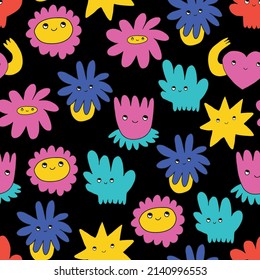 1970 good vibes and 1970 daisy flower.vector psychedelic art - seamless pattern with hippie flowers.Funky and groovy floral ornament.Vibrant square textile with flowers dudes characters.