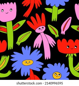 1970 good vibes and 1970 daisy flower.vector psychedelic art - seamless pattern with hippie flowers.Funky and groovy floral ornament.Vibrant square textile with flowers dudes characters.