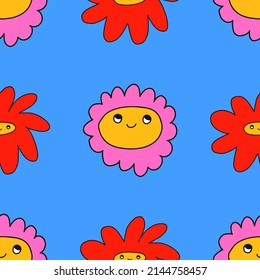 1970 good vibes and 1970 daisy flower.vector psychedelic art - seamless pattern with hippie flowers.Funky and groovy floral ornament.Vibrant square textile with flowers dudes characters.