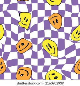 1970 good vibes hippie. Groovy psychedelic smiley seamless pattern 70s style. Retro milted smiley faces pattern 