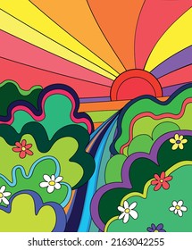 1970 good vibes poster. Decorative groovy colorful retro poster with landscape with trees, daisy flowers and sun