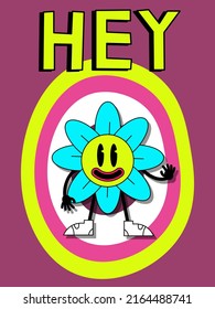 1970 good vibes. Psychedelic vector postcard.Hippie poster and post templates with flower Funky and groovy print in 1970 and 1980 style. Funky flower cards and posters. Fruit character with face EPS