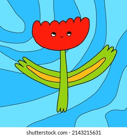 1970 good vibes.Psychedelic vector postcard.Hippie poster and post templates groovy flower.Funky and  print 1960 and 1980 style.1970 daisy flower card and poster.Floral character with face.Trippy art