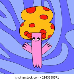 1970 good vibes.Psychedelic vector postcard.Hippie poster and post templates groovy mushroom.Funky and  print in 1970 and 1980 style.Funky fungus card and poster.Cap character with face.Trippy art