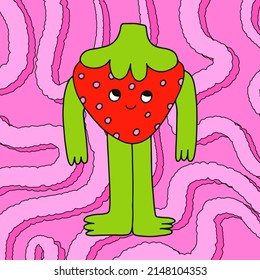 1970 good vibes.Psychedelic vector postcard.Hippie poster and post templates with strawberry.Funky and groovy  print in 1970 and 1980 style.Funky berry card,poster.Fruit character with face.Tripy art