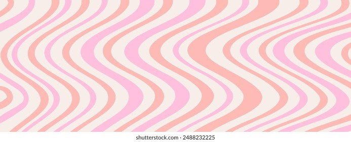 1970 Groovy Background of orange and pastel pink rainbow line. Hand drawn wavy swirl vector illustration. Seventies style wallpaper. Flat design, hippie aesthetic.