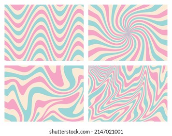 1970 Groovy Backgrounds Set of Blue and Pastel Pink Rainbow line. Hand-Drawn Wavy Swirl Vector Illustration. Seventies Style Wallpaper. Flat Design, Hippie Aesthetic. 