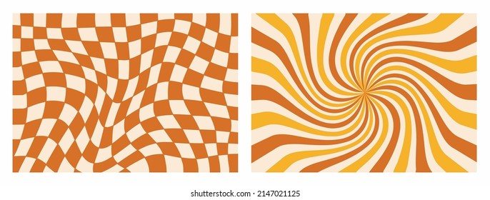 1970 Groovy Backgrounds Set Of Orange And Yellow Rainbow Line And Trippy Grid. Hand-Drawn Wavy Swirl Vector Illustration. Seventies Style Wallpaper. Flat Design, Hippie Aesthetic. 