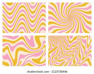 1970 Groovy Backgrounds Set of Yellow and Pastel Pink Rainbow line. Hand-Drawn Wavy Swirl Vector Illustration. Seventies Style Wallpaper. Flat Design, Hippie Aesthetic. 