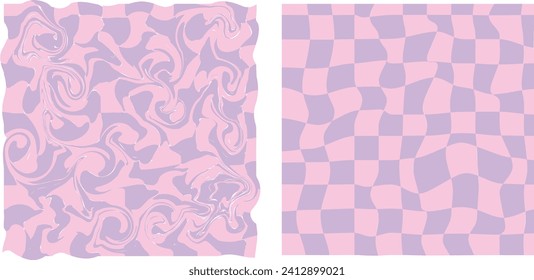 1970 Groovy checkered seamless patterns vintage backgrounds, psychedelic checkerboard texture. Funky hippie fashion textile print, retro background with distorted grid tile vector pattern set