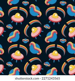 1970 groovy cosmos seamless pattern. Funky vintage background with trippy saturn planet ufo alien ship and rainbow. Positive retro hippie unverse vibe. For fabric textile. Vector illustration.