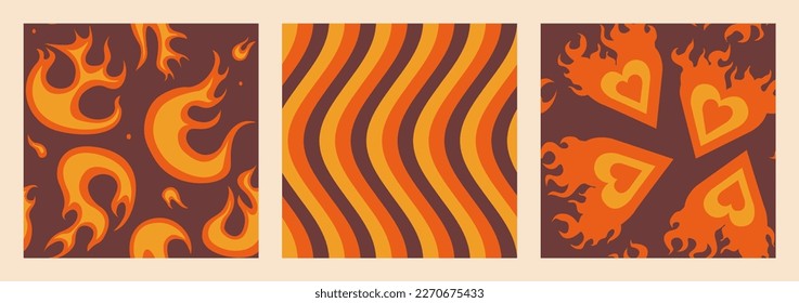 1970 Groovy Fire, Waves, Fire Rainbow Hearts Pattern Set. Retro Orange, Brown and Yellow Colors. Vector Hippie Aesthetic. Flat Design. Trendy Graphic Cover, T-shirt, Sticker, Wallpaper, Social media. 