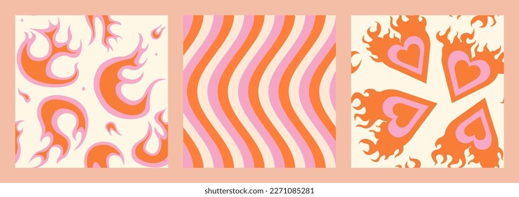 1970 Groovy Fire, Waves, Fire Rainbow Hearts Pattern Set. Retro Orange, Pink and Beige Colors. Vector Hippie Aesthetic. Flat Design. Trendy Graphic Cover, T-shirt, Sticker, Wallpaper, Social media. 