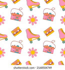 1970 groovy pattern. Daisy, camera, cassette, rollers on vector seamless pattern.