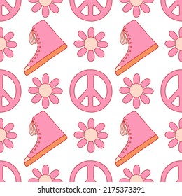 1970 groovy pattern. Daisy, gumshoes, pacific symbol on vector seamless pattern in pink color