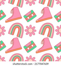 1970 groovy pattern. Daisy, rainbow, cassette, gumshoes, on vector seamless pattern.