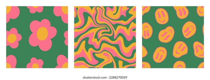 1970 Groovy Pattern Pack: Daisy, Wavy Swirl, Smile in Vintage Green, Pink, Yellow  Colors. Vector Hippie Aesthetic. Flat Design. Trendy Graphic Cover, T-shirt, Sticker, Wallpaper, Social media.