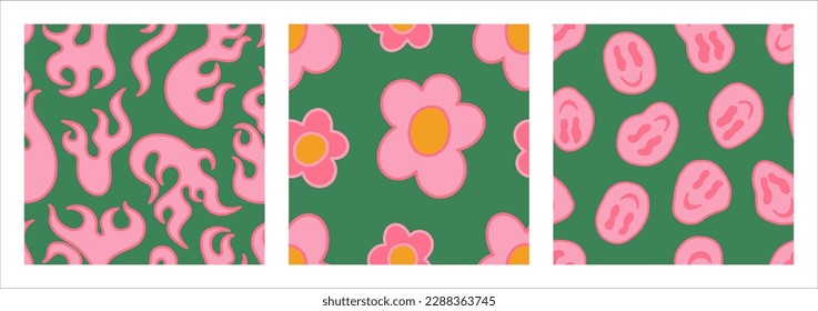 1970 Groovy Pattern Pack: Fire, Daisy, Smile in Vintage Green, Pink, Yellow  Colors. Vector Hippie Aesthetic. Flat Design. Trendy Graphic Cover, T-shirt, Sticker, Wallpaper, Social media.