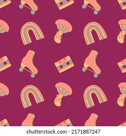 1970 groovy pattern. Rainbow, cassette, rollers, mushroom on bright vector seamless pattern.