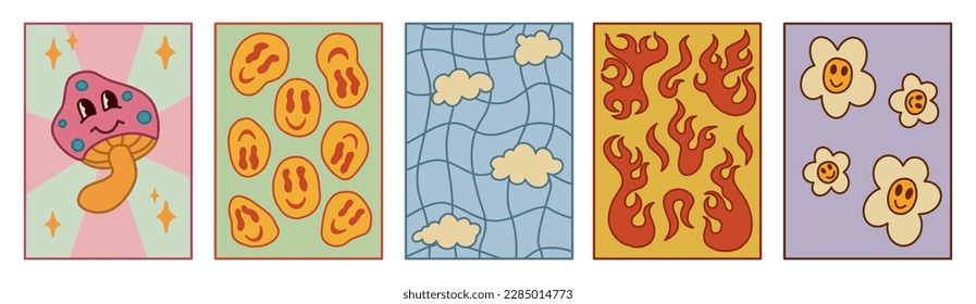1970 Groovy Poster Pack. Cartoon Mushroom, Smile, Clouds, Flame, Smile Daisy. Hippie Retro Character Background. Vector illustration. Trendy Graphic Cover, T-shirt, Sticker, Wallpaper, Social media.