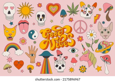 1970 groovy psychedelic clipart Set. Hippie 70s collection. Funny cartoon rainbow, peace, heart, daisy, acid mushroom. Sticker pack in trendy retro colors. Isolated vector illustration. Good vibes.