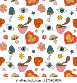 1970 groovy psychedelic pattern with acid mushrooms, eye, heart, daisy. Hippie 70s seamless pattern. Funny cartoon print in trendy retro colors. Isolated vector illustration. Good vibes.