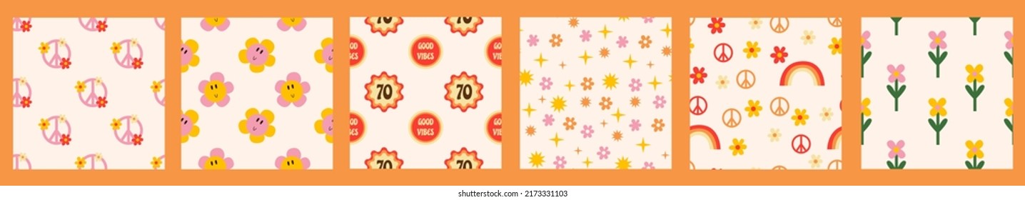 Conjunto de patrones de 1970 groovy retro sin costura. Patrones de vibración de 1970. Conjunto de fondos retro sin costuras