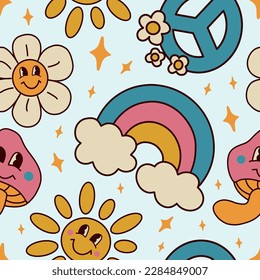 1970 Groovy Seamless Pattern. Funny Cartoon Smile Daisy, Rainbow, Peace,  Mushroom, Sun etc. Hippie Vector Background in trendy Trippy Cartoon Style. 
Graphic Cover, T-shirt, Sticker, Social media. 