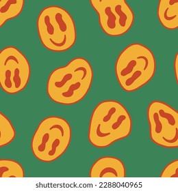 1970 Groovy Smile Seamless Pattern on Green Background. Seventies Style, Trippy Psychedelic Print, Wallpaper. Flat Design, Hippie Aesthetic. Hand-Drawn Vector Illustration.