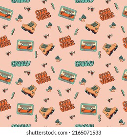 1970 groovy trippy seamless pattern with audio cassette, good vibes text and Roller Skates