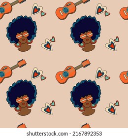 1970 groovy trippy seamless pattern with African-american girl portrait, guitar and hearts