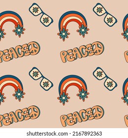 1970 groovy trippy seamless pattern with sun glasses peace text and rainbow with flowers