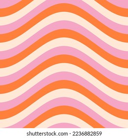 1970 Groovy Wavy Lines Seamless Pattern en colores naranja y rosa. Ilustración de vectores de mano. Estilo Setenties, Fondo Trippy, Papel de escritorio. Diseño plano, estética hippie.