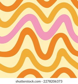 1970 Groovy Wavy Lines Seamless Pattern in Orange, Pink Colors. Hand-Drawn Vector Art. Spring Seventies Style, Trippy Background, Wallpaper. Flat Design, Hippie Aesthetic.