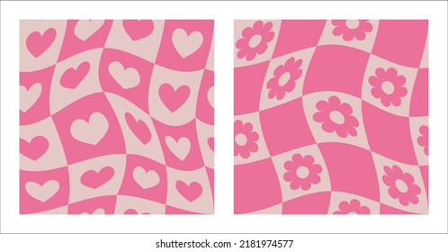 1970 Heart and Daisy Flowers Groovy Seamless Pattern Set on Pink Checkered Background. Hand-Drawn Vector Illustration. Retro Seventies Style, Wallpaper, Print, T-shirt. Flat Design, Hippie Aesthetic.