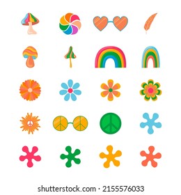 1970 hippie boho style elements vector isolated collection. 1970 daisies, psychedelic mushrooms, colorful rainbow, peace sign, hippie sunglasses.