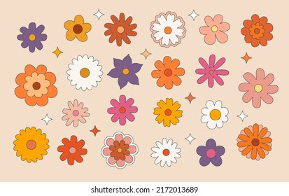 1970 hippy flowers set. Daisy Flowers in pink, orange and white colors. Seventies Style. Groovy flowers collection. Flat vector Illustration. 