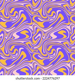 1970 liquid marble seamless pattern. Yellow purple wavy swirl texture. Groovy trippy psychedelic background. Hippie aesthetic vector illustration.