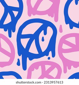 1970 Liquid Peace Seamless Pattern in Pink, Blue Colour. Seventies, Psychedelic Print, Wallpaper. Hippie Aesthetic. Hand-Drawn Vector Illustration. Graphic Cover, T-shirt, Sticker, Social media.