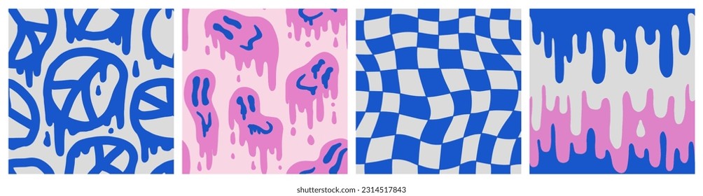 1970 Liquid Smile, Peace, Fluid, Grid Pattern Pack in Blue and Pink Palette. Seventies Style, Trippy Psychedelic Style. Hippie Aesthetic. Hand-Drawn Vector Illustration. Graphic T-shirt, Sticker. 