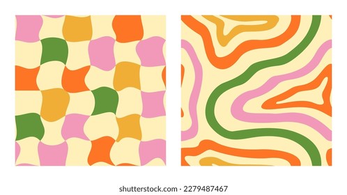 Impresión LSD de 1970. Trippy Grid y Wavy Swirl Seamless Pattern en colores rosados y verdes. Ilustración de vectores de mano. Estilo Setenta, Fondo Groovy, Papel de escritorio. Diseño plano, estética hippie.