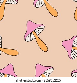 1970 Mushroom Seamless pattern. Background in boho colors. Hand-Drawn vector illustration. Seventies style, groovy background. Flat design, hippie aesthetic.