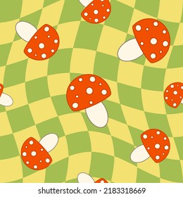 1970 Mushroom Seamless Pattern on Trippy Grid Background in Red, Green and Yellow Colors. Hand-Drawn Vector Illustration. Seventies Style, Trippy, Groovy Background, Wallpaper, T-Shirt.   